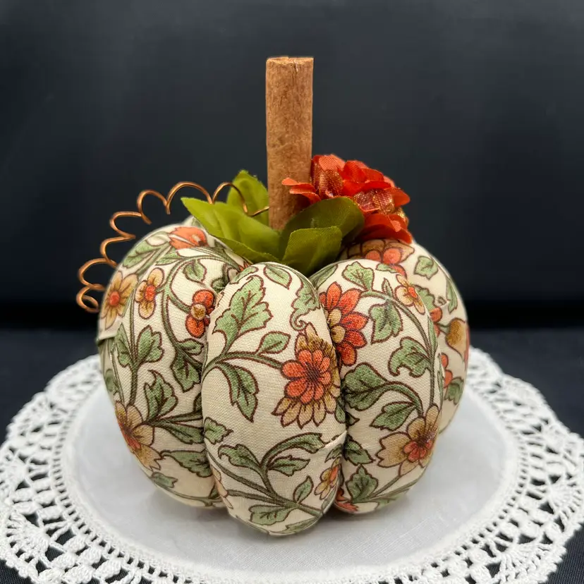 Made By Me “Fall Floral” Pumpkin Fabric Kinusaiga With Cinnamon Stick Stem Copper Wire Vine And Faux Florals 5” x 4.5”