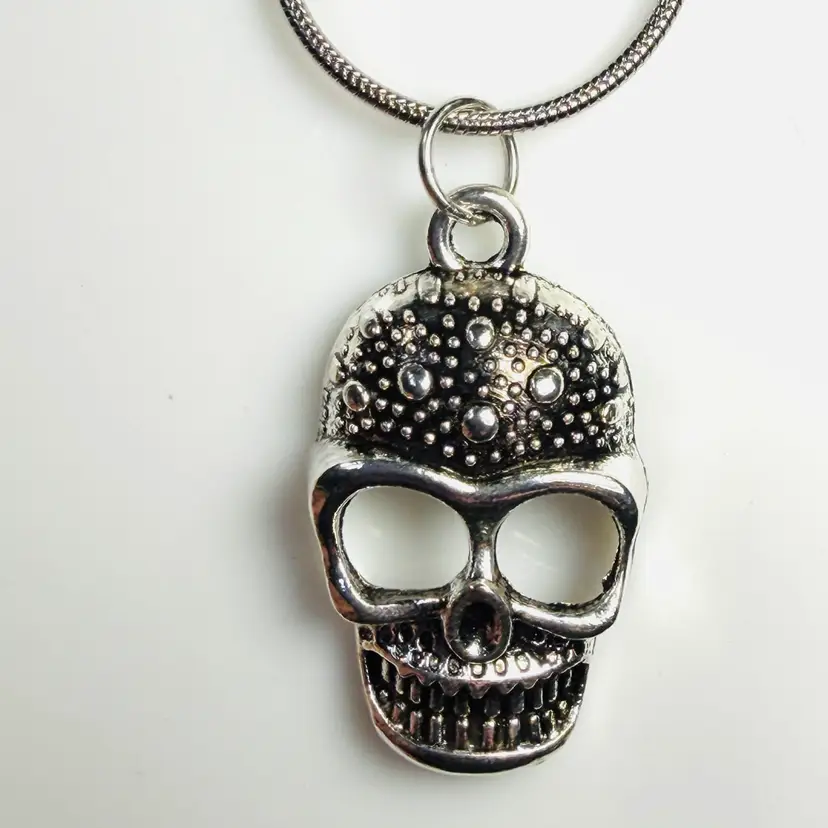 Silver Tone Death Head Skull Pendant on a 20” Snake Chain -