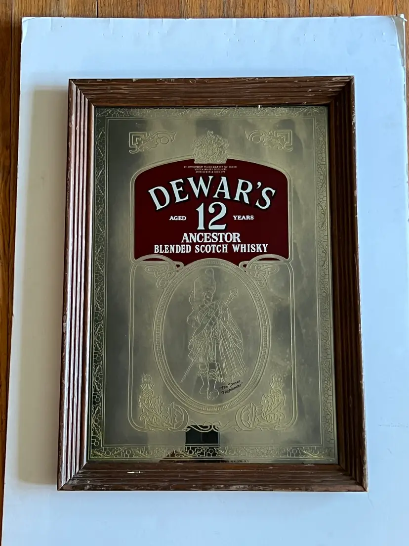 Vintage RARE Dewars Scotch Whiskey Bar Mirror/Sign 21X15 Man-cave Liquor Advertising