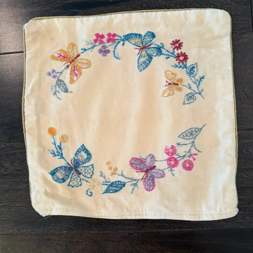 Vintage Hand Embroidered Pillow Cover W Floral Wreath & Butterflies 11x11.5”
