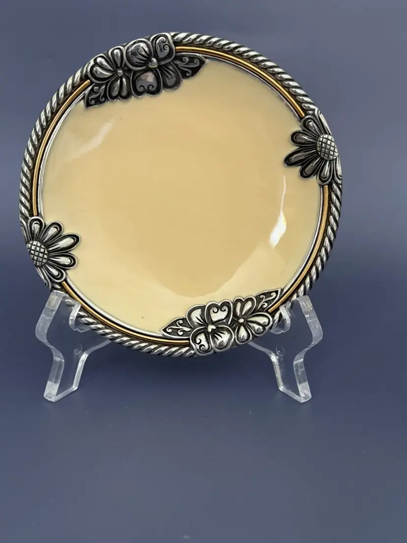 Vintage Brighton Silver Tone Floral Trinket Dish Ivory Enamel Vanity Bowl