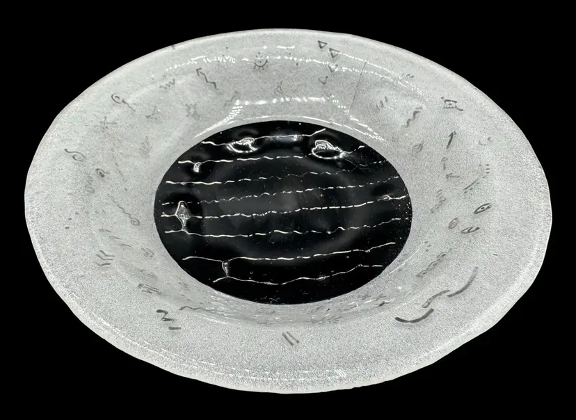 Fused Studio Art Glass Small Bowl Dish Black White Frosted Glyphs Runes Round 7”