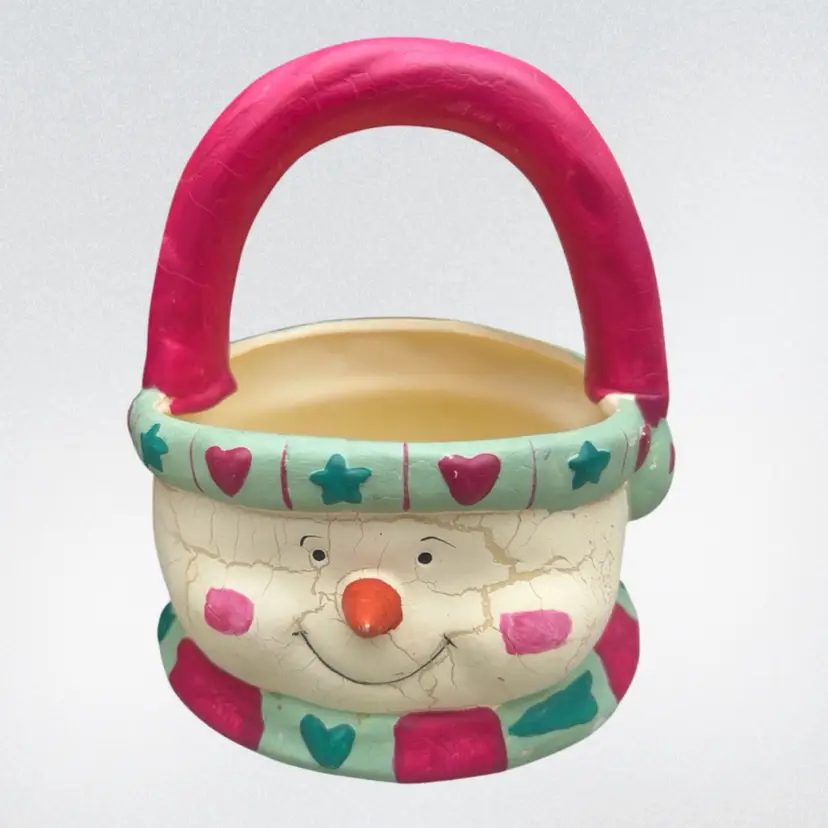 #01 Vintage Snowman Face Holiday Basket Planter Candy Dish Resin Christmas Decor 6”
