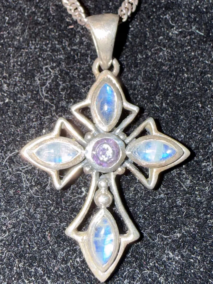 Vintage Sterling Silver Cross Pendant with Moonstones