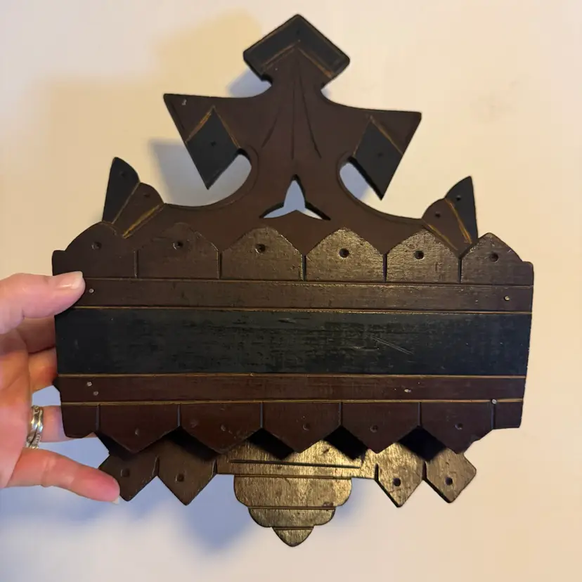 Antique Tramp Art Wall Pocket Dark Wood Shelf Cutout Primitive Folk Art Carved