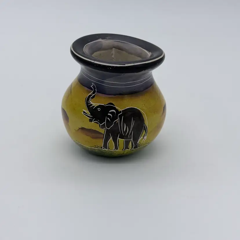 Vtg. Mini Ink Pot Soapstone Vase Handmade Painted Elephant Safari Design 3” X 3”