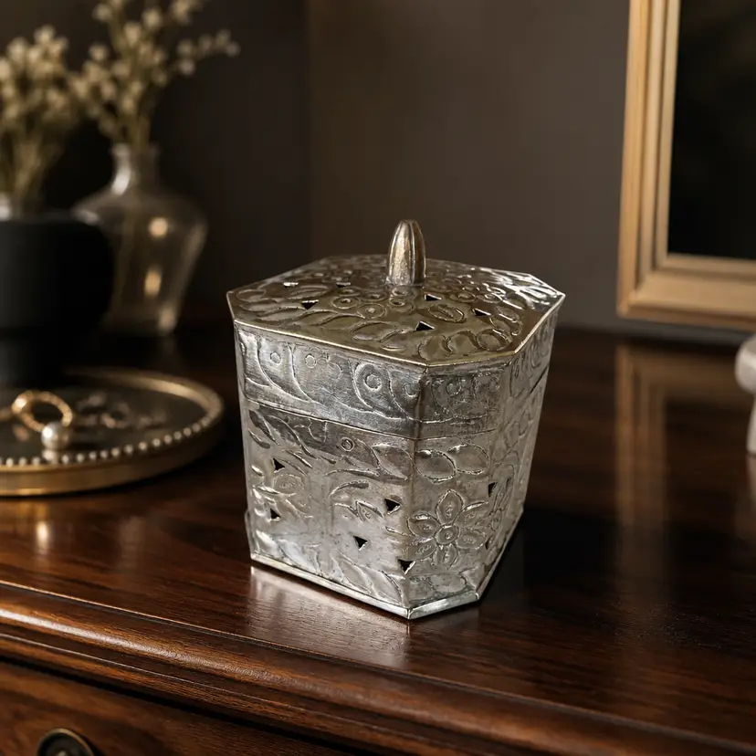 Vtg Hexagonal Silver Metal Box for Potpourri, Incense or Trinkets, 4.5" Tall