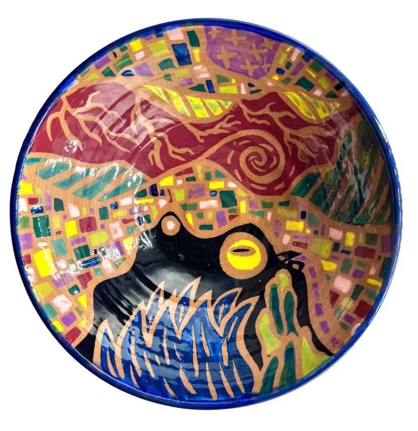 Signed DR Peace Studio Art Pottery Bowl Abstract Face Landscape Colorful Klimt