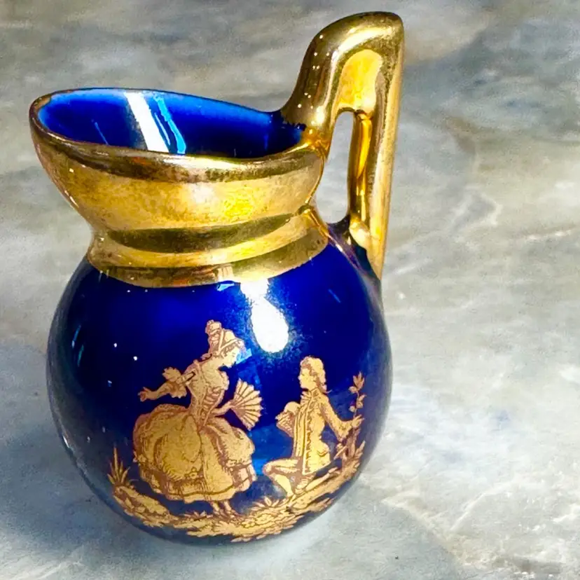 😻 Vintage Limoges Cobalt Blue & Gold Miniature Pitcher, Courting Scene