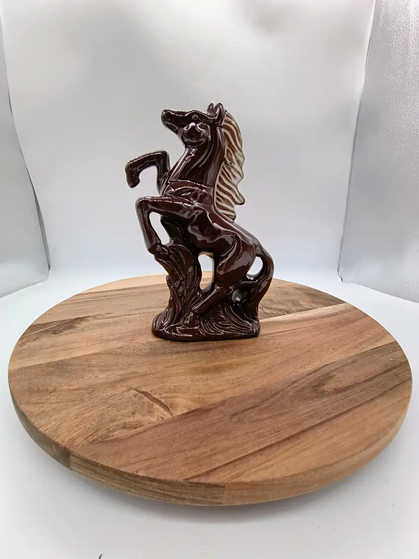 Vintage Japanese Redware Ceramic Brown Rearing Stallion Horse Figurine Decor.