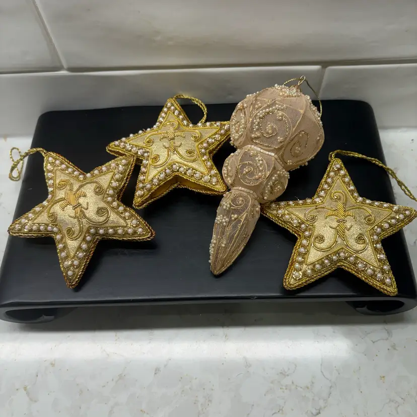4 Vintage Fabric Christmas Ornaments 3 Beaded Pearl Stars + Finial - Zardozi
