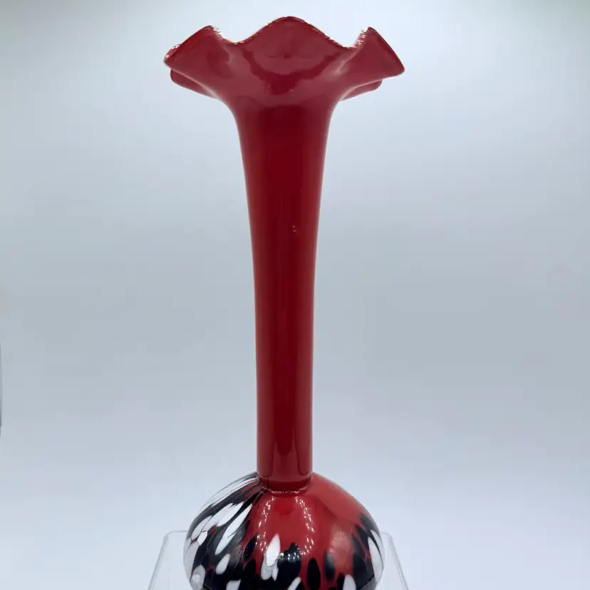 Vintage Czech Spatter Glass Vase Red Ruffled Trumpet Kralik Welz Art Deco 8"