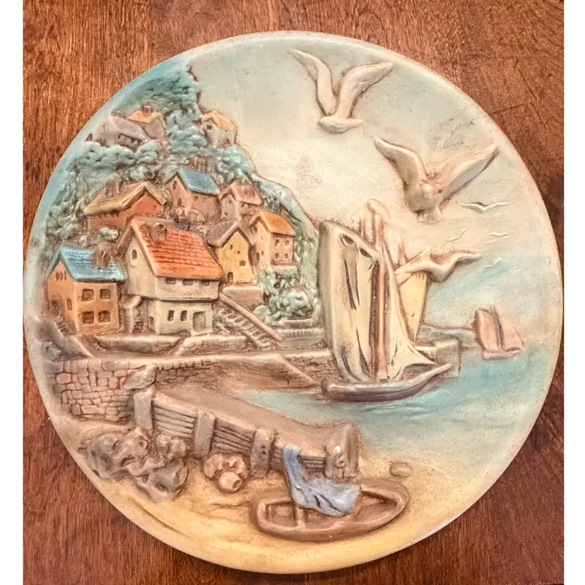 Vintage 3D Relief- Chalkware Wall Plate - - Mediterranean Coastal- Fishing Village 11”