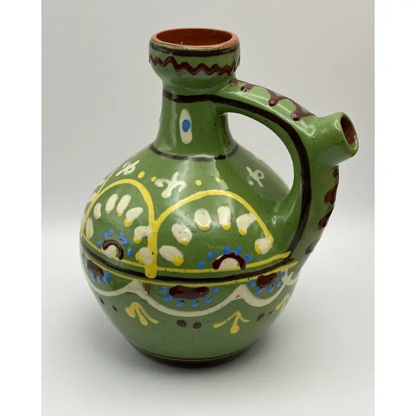 Vtg., 1965, MSSR*, Russian Folk Art, Red ware, Ceramic, Green Painted Water Jug