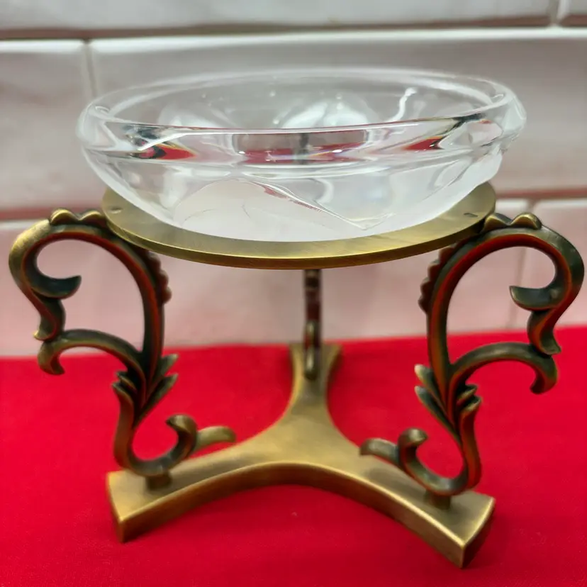 Vintage Fifth Avenue 24% Lead Crystal Bowl & Ornate Brass Stand 5" Compote Dish