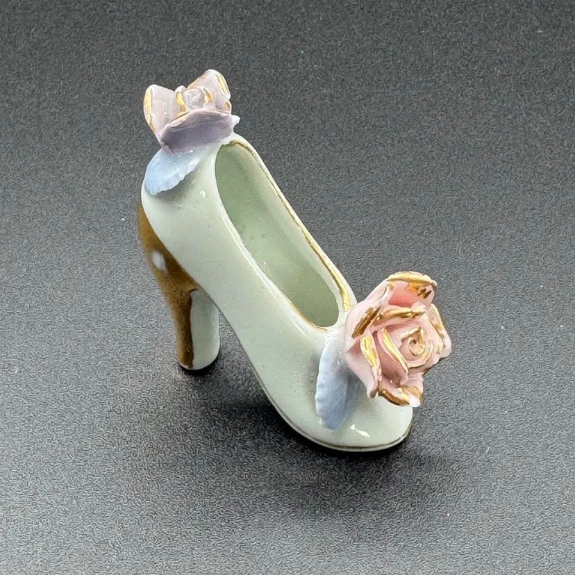 Vintage Miniature Porcelain High Heel Shoe Figurine 3D Pink Rose Gold Trim Japan