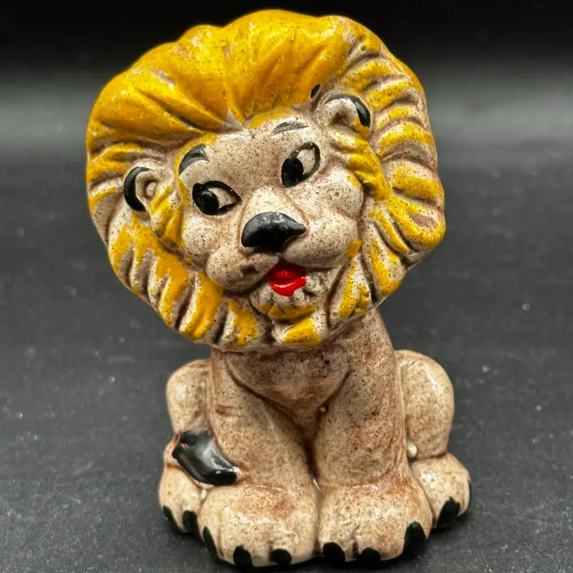 Vintage Handpainted Lion Ceramic Figurine Glazed 3” Anthropomorphic