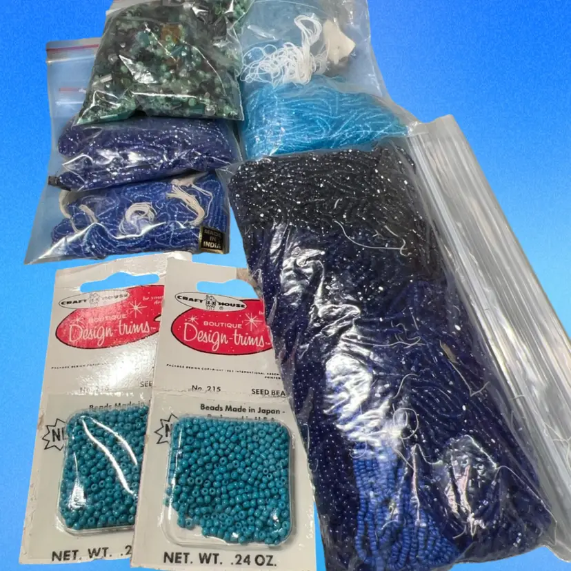 Vintage Glass Seed Beads Lot Of Blue Shades