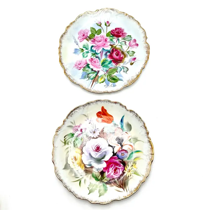 Floral Hand Painted Signed Decorative Plates Gold Accent 9” D