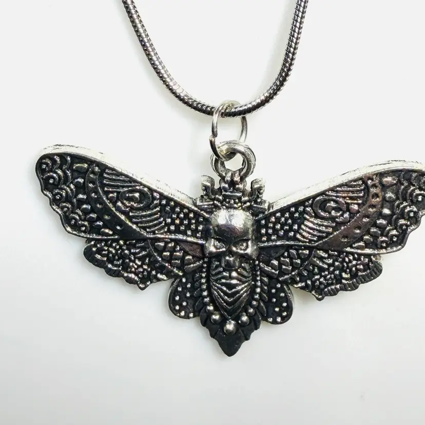 Silver Tone Death Head Skull Moth Pendant on a 20” Snake Chain -