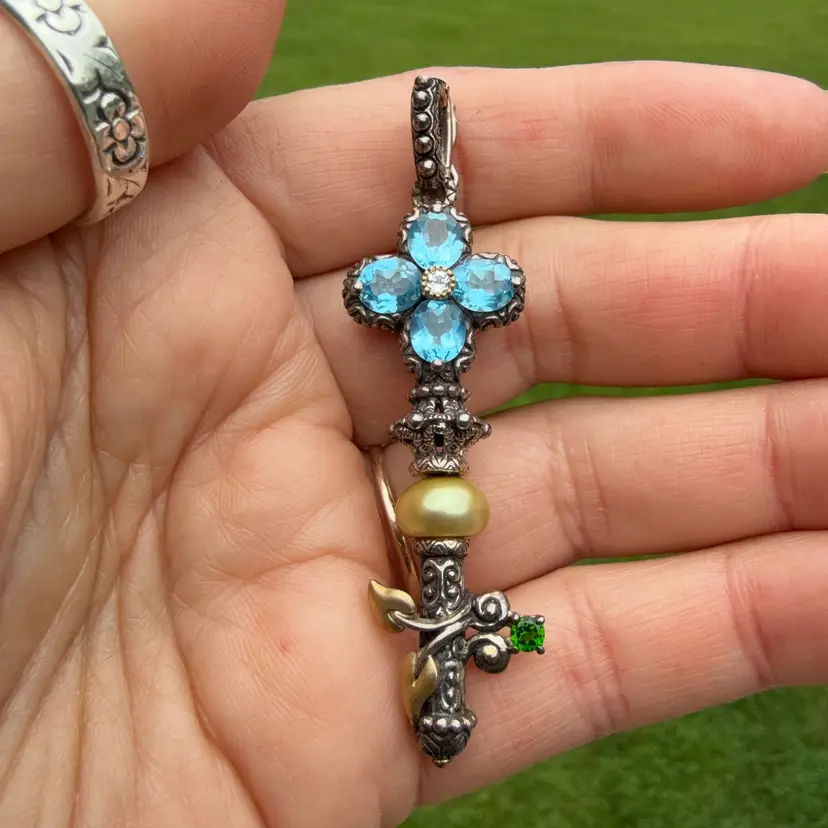 Vintage Barbara Bixby Key Of Life Pendant Sterling Silver 18K Gold Topaz Pearl Peridot 2.5”, 10.2g