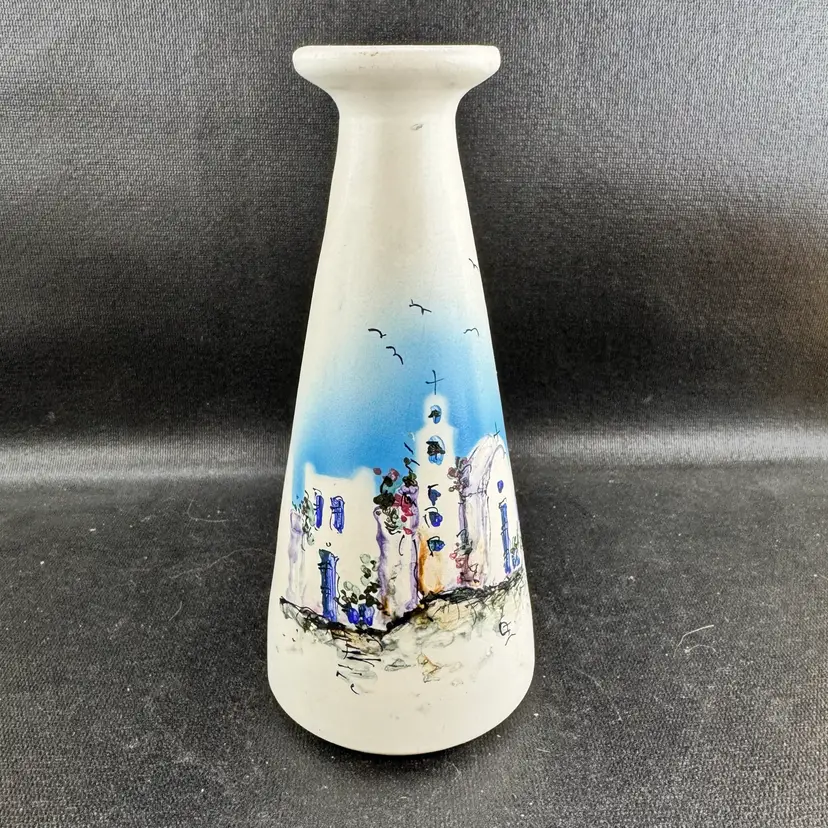 Ceramic White Vase Hand Painted In Greece Seaside Village