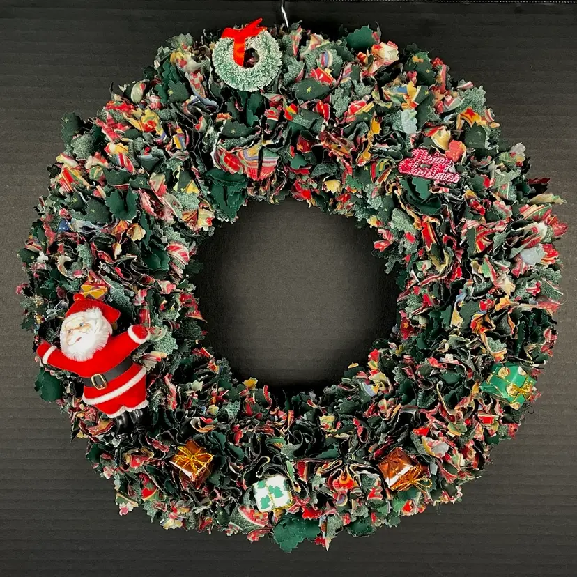 🌊🎄☀️ Flocked Santa Claus Retro Ornament Scrap Fabric Handmade Christmas Wreath Vintage 14”
