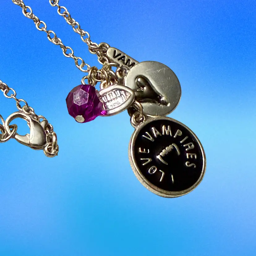 Vampire Theme Silvertone Charm Necklace