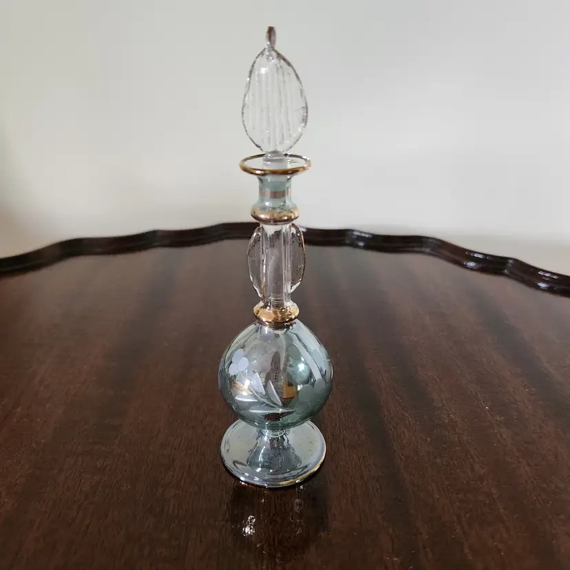 Egyptian hand blown glass perfume bottle with floral design blue