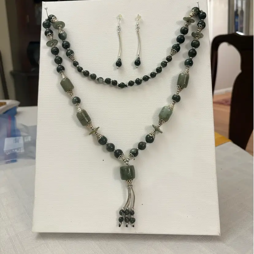 Vintage Handmade Green Jasper & Agate Single Strand Necklace Matching Earrings - Boho
