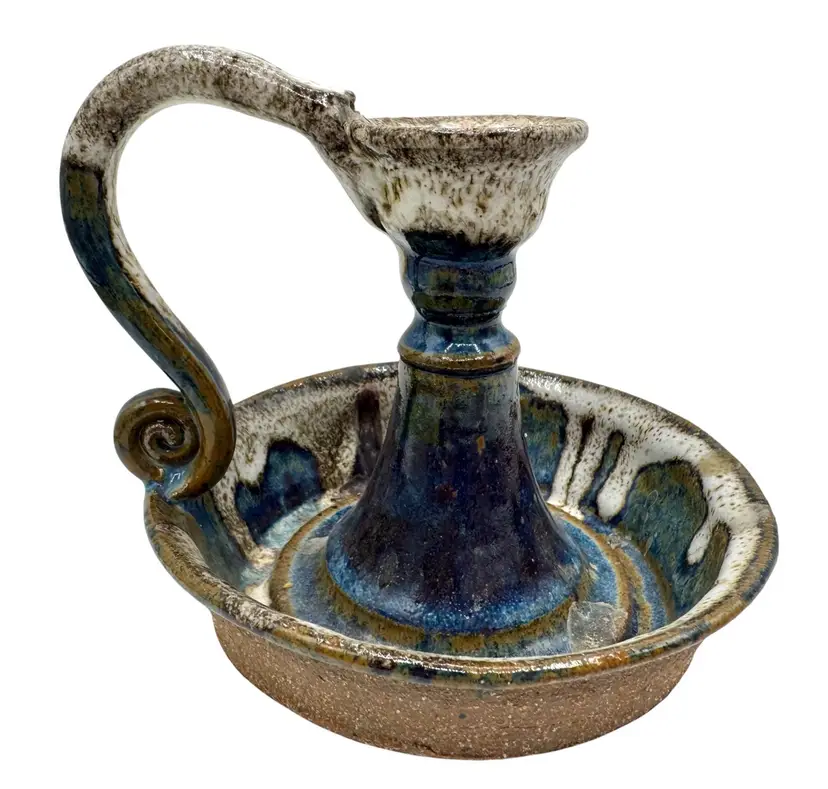 Signed Mahon Vintage Studio Art Pottery Candle Holder Chamber Stick Blue Drip 5”