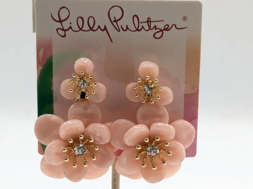 Lilly Pulitzer Gold Tone Pink Floral Rhinestone Pierced Earrings NWT
