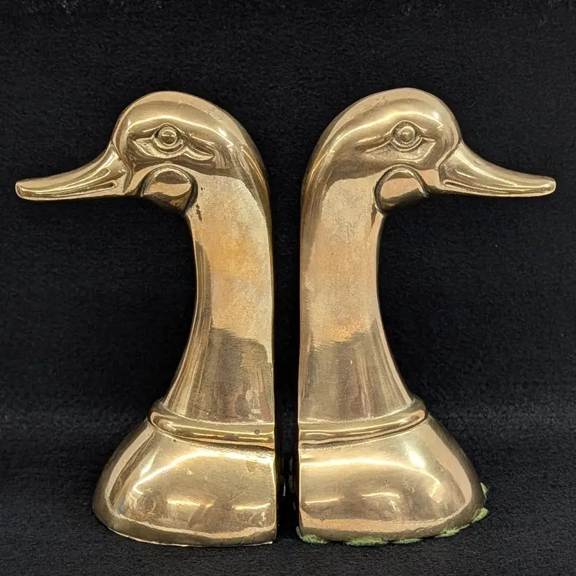 Vintage Pair of Brass Mallard Duck Head Bookends Mid-Century Modern Weighted 6"