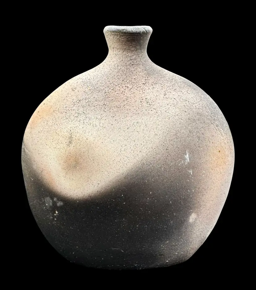 Signed Studio Art Raku Pottery Bud Vase Disc Black White Pink 3.75”