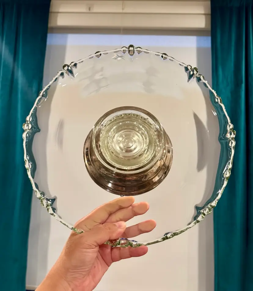 😻 13x4” Hobnail w/Silver Plate, Vintage Large Glass Lazy Susan w/SilverPlated Pedestal Stand