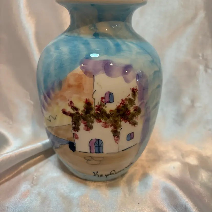 Hand Painted Greek Flower vase ceramic small glaze chip rim marked