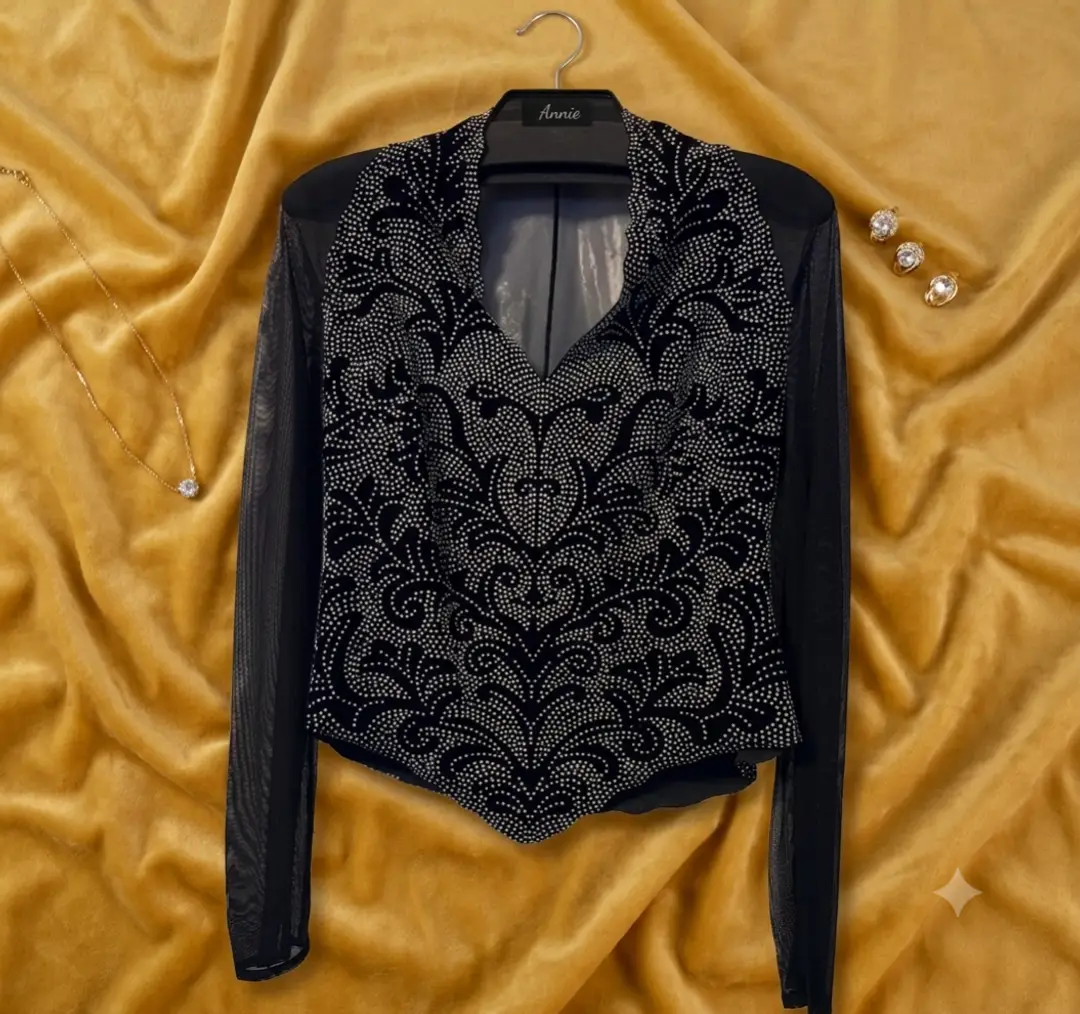 Elegant Black Rhinestone Top with Sheer Sleeves