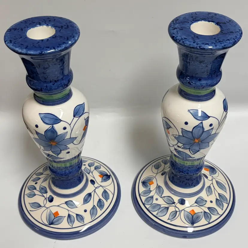 Vintage Pfaltzgraff Villa Flora Ceramic Candlestick Taper Holders Pair- 8.75”