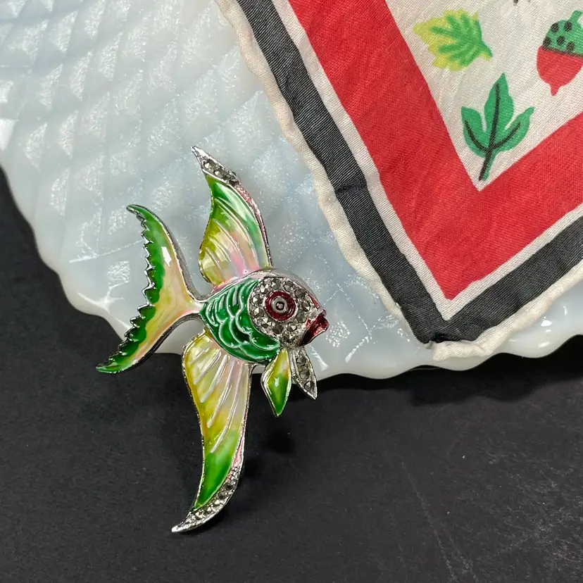 BJL Bohemian Jewellers Ltd Enamel & Marcasite Angelfish Fish Brooch Vintage 2"