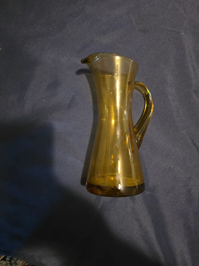 Vintage Amber Art Glass Pitcher Hand Blown Mid Century Modern 8” MINT