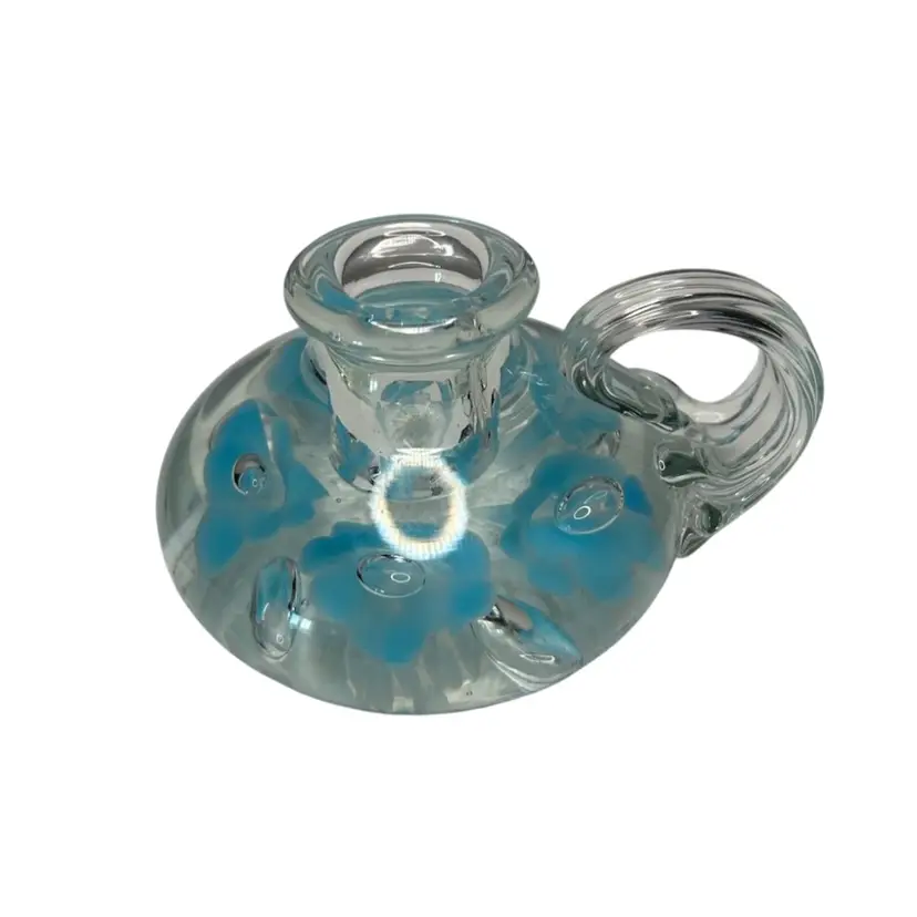 Vintage 1993 Gibson Blue Floral Bubble Candle Holder/Paperweight 3” Tall 4 1/2” Wide