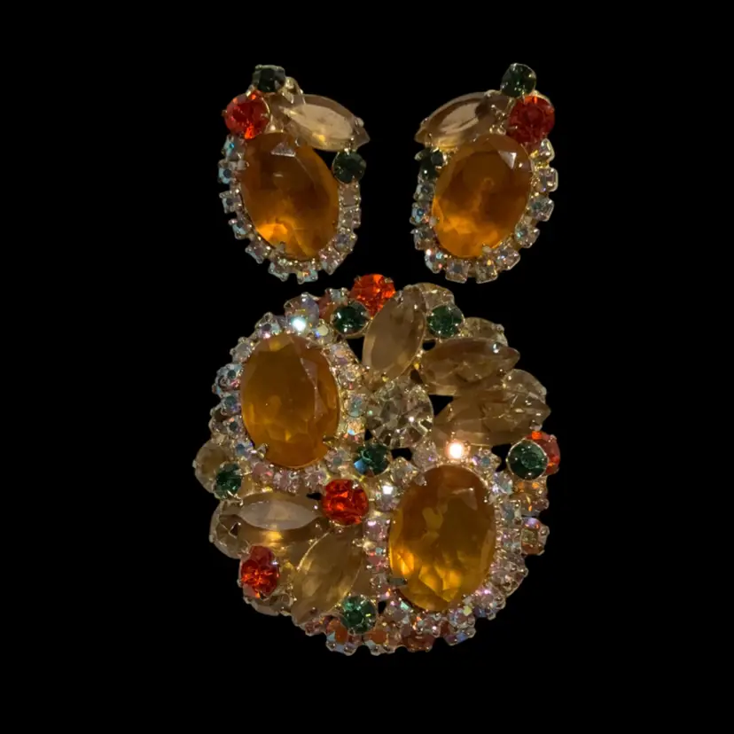 Juliana D & E Database Verified Demi-Parure Set -  Citrine, A/B, Orange, Clear & Green Rhinestones 2” Brooch, 1.25” Earrings