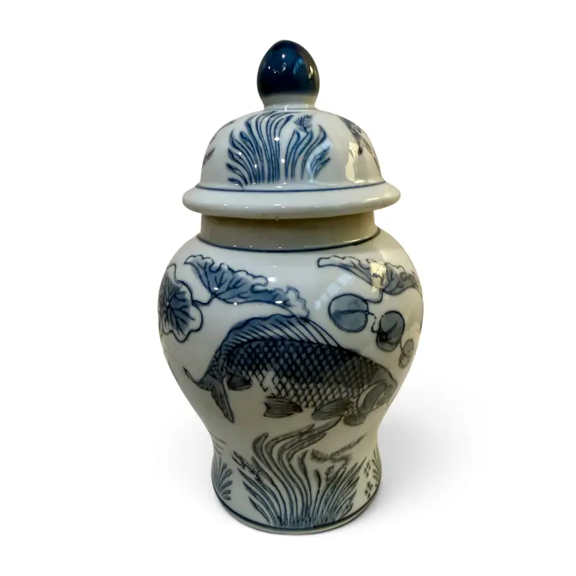 Blue and White Ceramic Ginger Jar Fish Motif