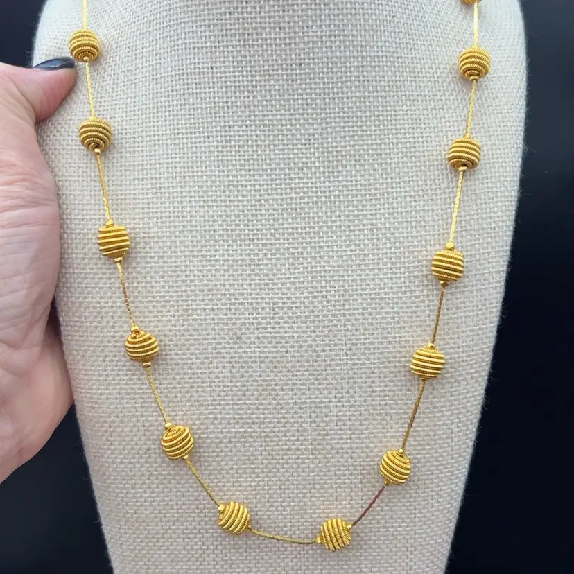 #01 Vintage Trifari Gold Tone Spiral Coil Bead Station Necklace 30” Retro Classic