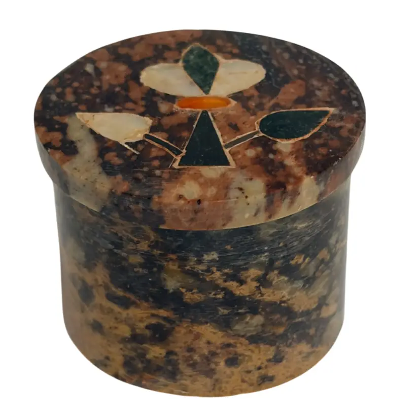 Teakwood Marble - Small Trinket Box- E Floral Design Lid- Mother Of Pearl- 1.5”