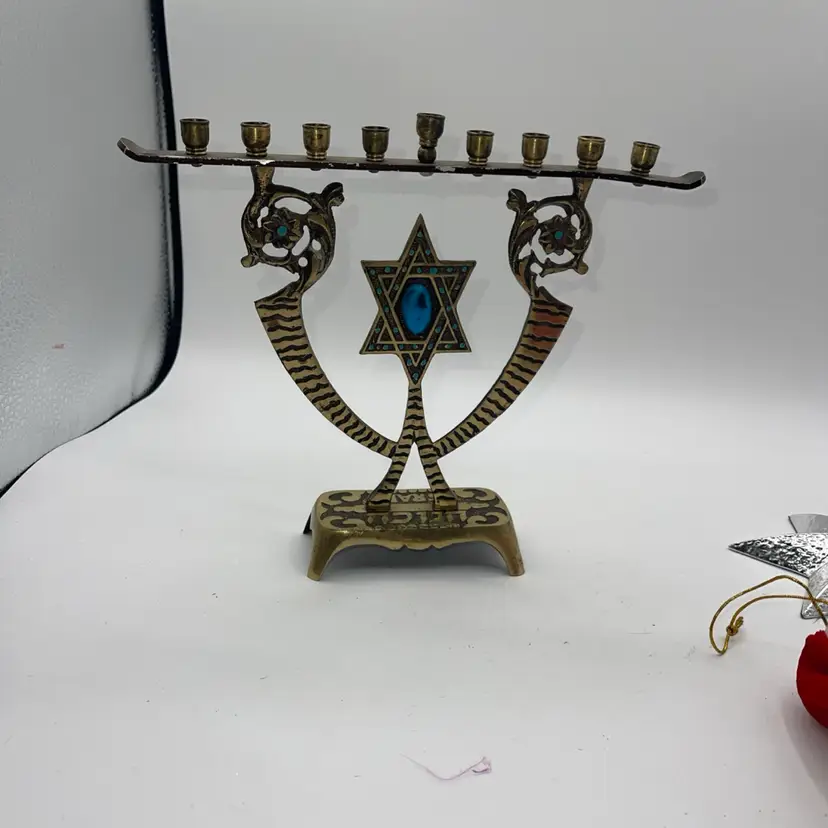Menorah Beautiful Brass With Turquoise Like Stone Star Of David CHANUKKAH