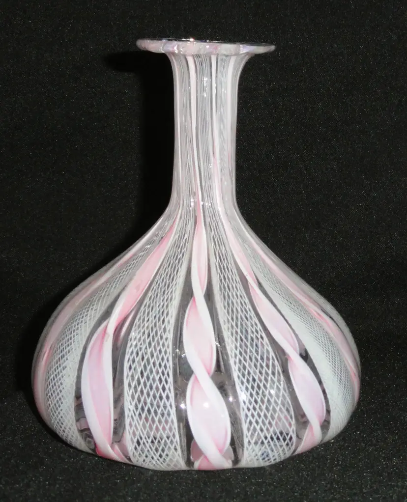 Murano Latticino Zanfirico Mini Vase ~ Pink Venetian Ribbon Art Glass