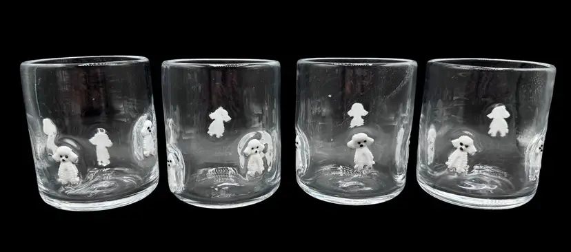 Set of 4 Madison Home International Glass Tumblers Clear White Poodle Dog Icon