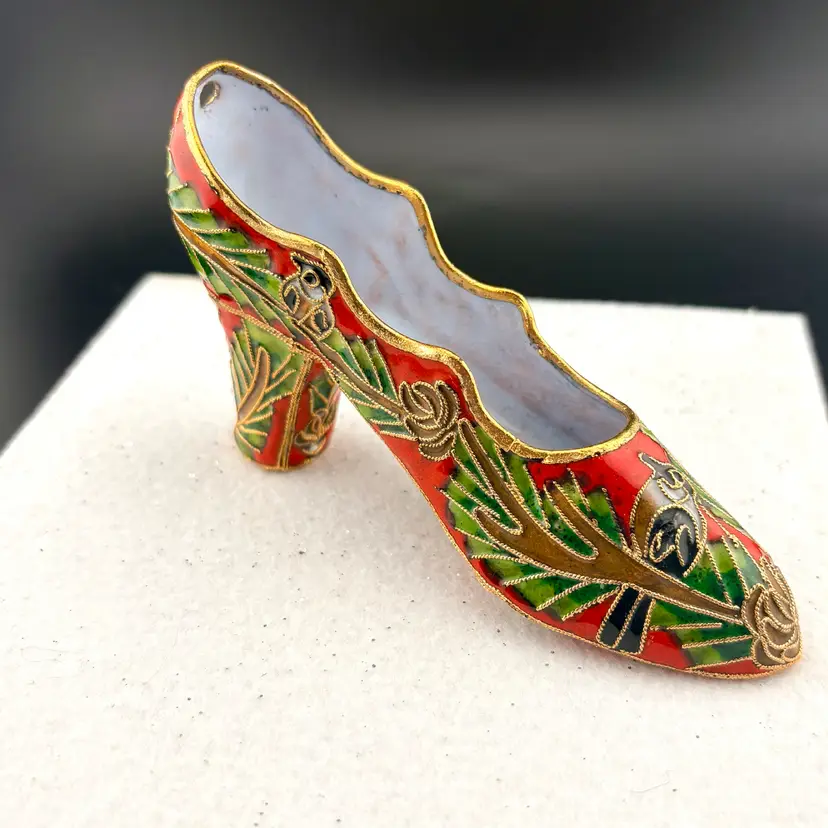 Vintage Nyco Red Cloisonné Shoe Ornament/Figurine With Bird Design
