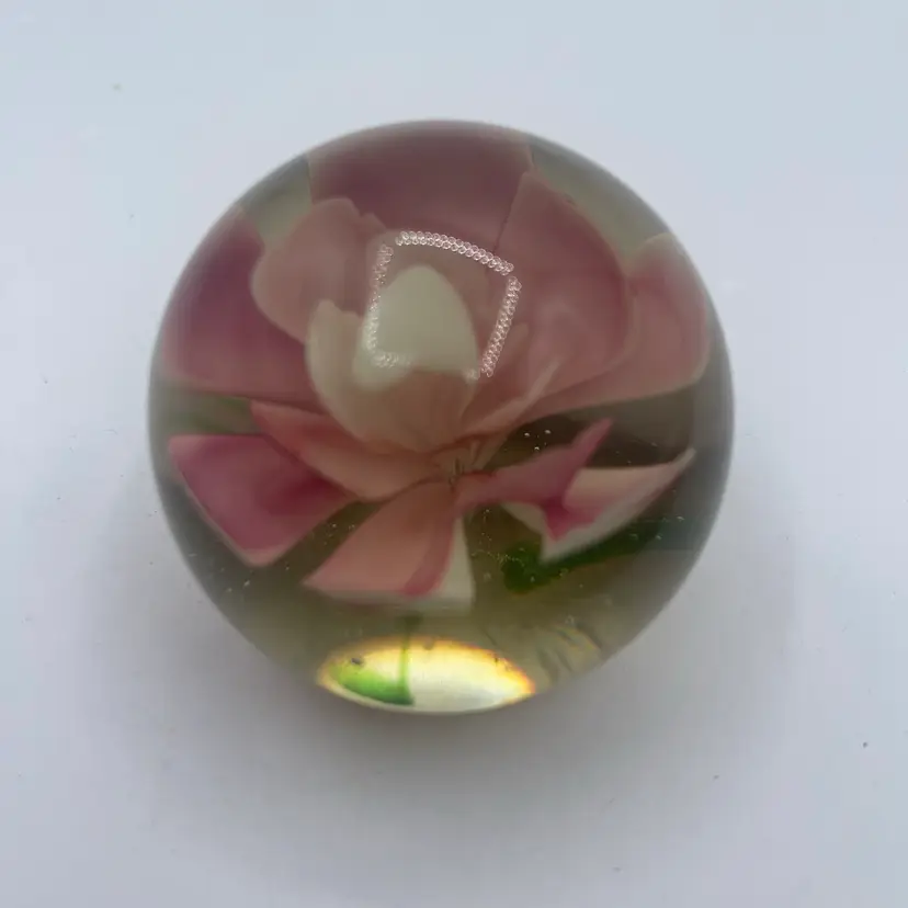art Glass Paperweight 2 Inches With Pink Flower
